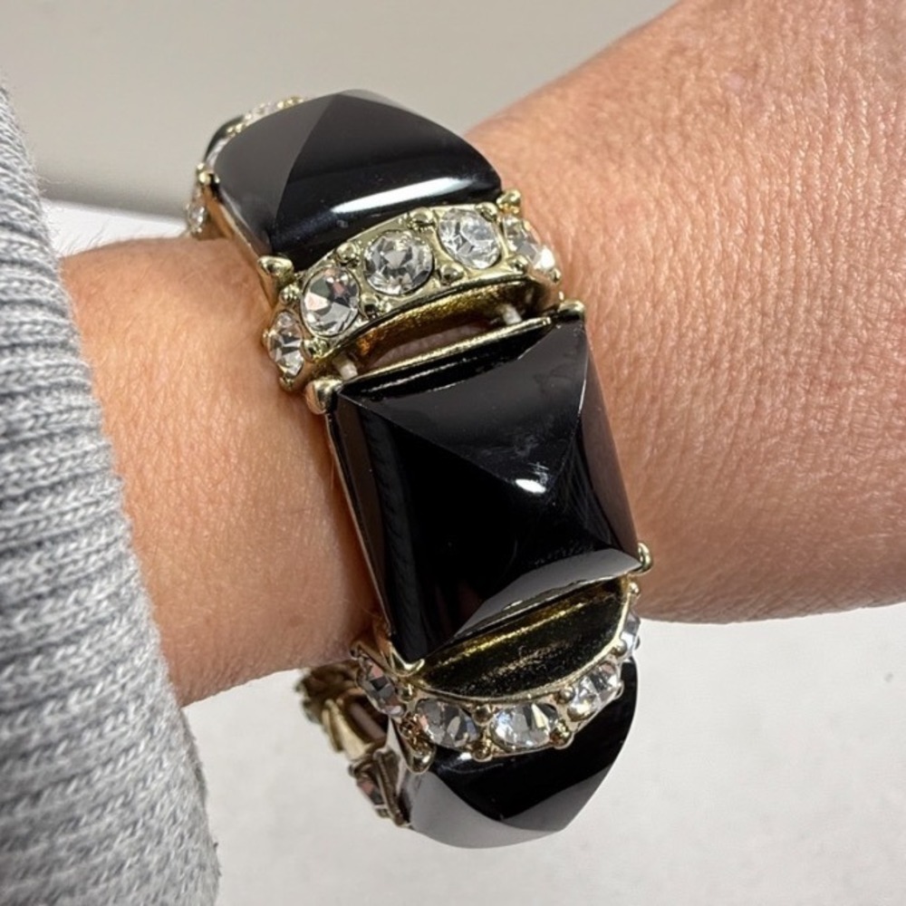 Chunky Stretch Bracelet Women Black Gold Tone Rhinestone Bold Statement Jewelry - Picture 7 of 11